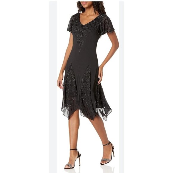 JKARA Beaded sequined Black Short flutter Sleeve midi Party Dress size 14 formal - Picture 1 of 13